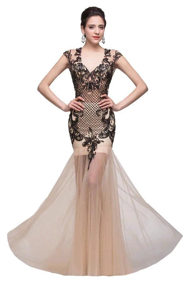Champagne V-Neck Mermaid Floor-length Prom Dresses - Image 6