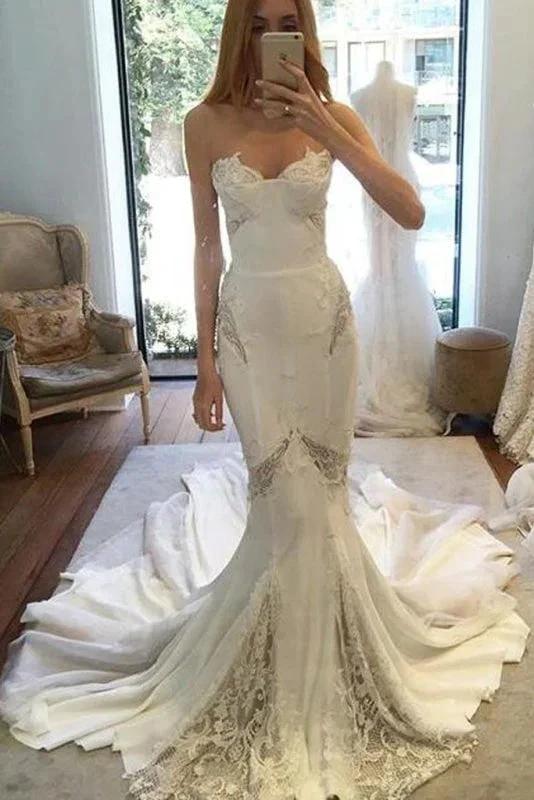 Chapel Train Sweetheart Mermaid Lace Appliques Chiffon Elegant Wedding Dresses - Image 2