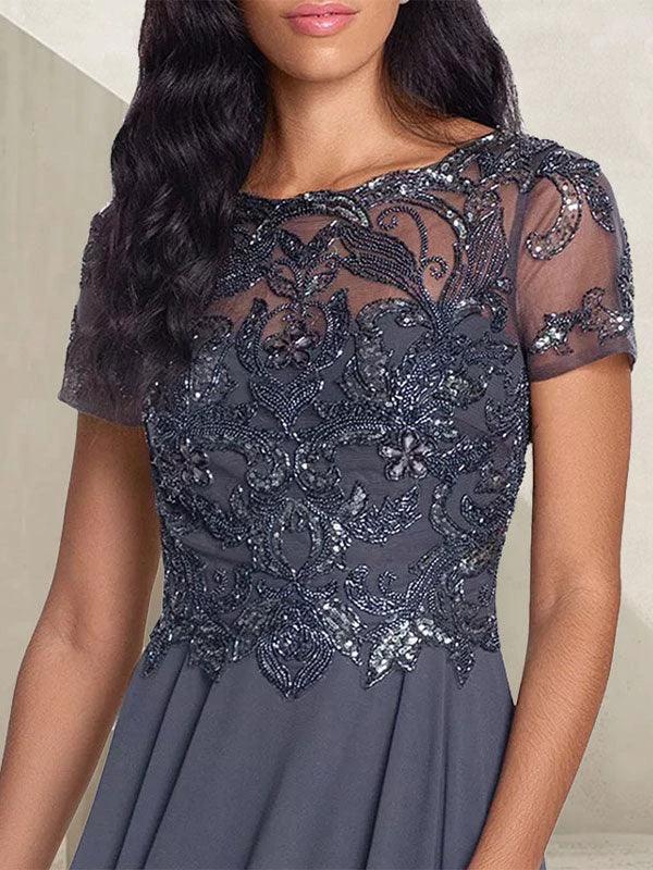 Charcoal Grey A-Line Scoop Long Mother of the Bride Dress With Beadings - Image 3