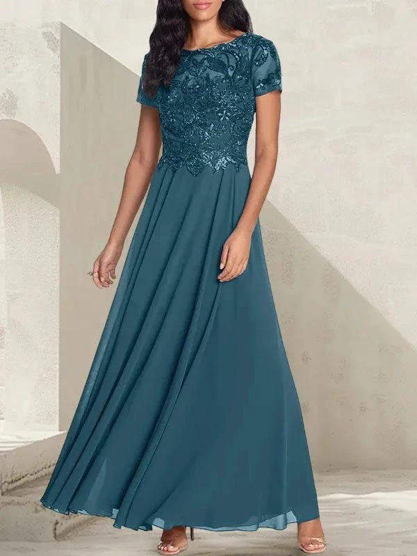 Charcoal Grey A-Line Scoop Long Mother of the Bride Dress With Beadings - Image 36