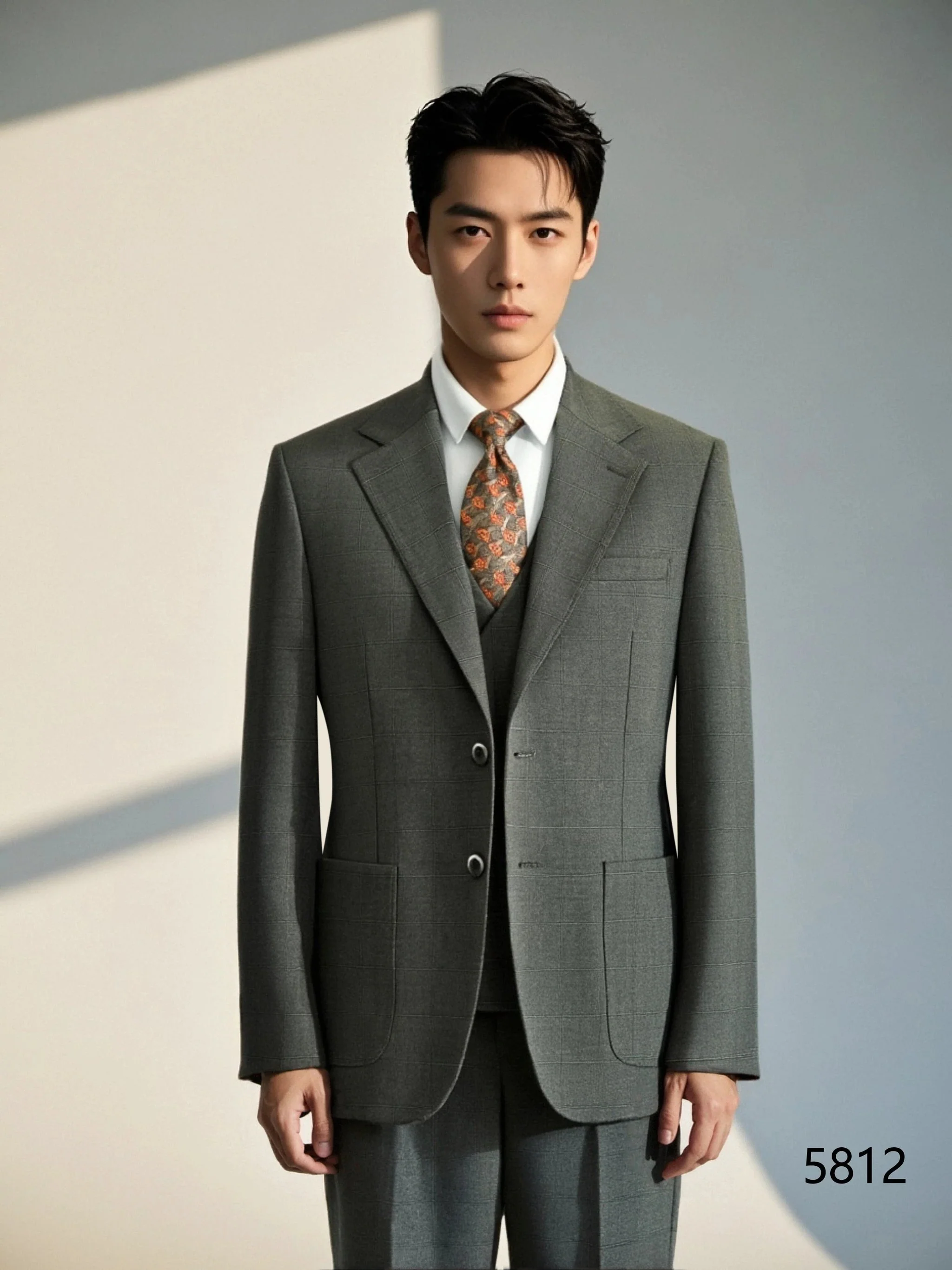Charcoal Grey Windowpane Wool Three Piece Wedding Suit for Groom - Image 4