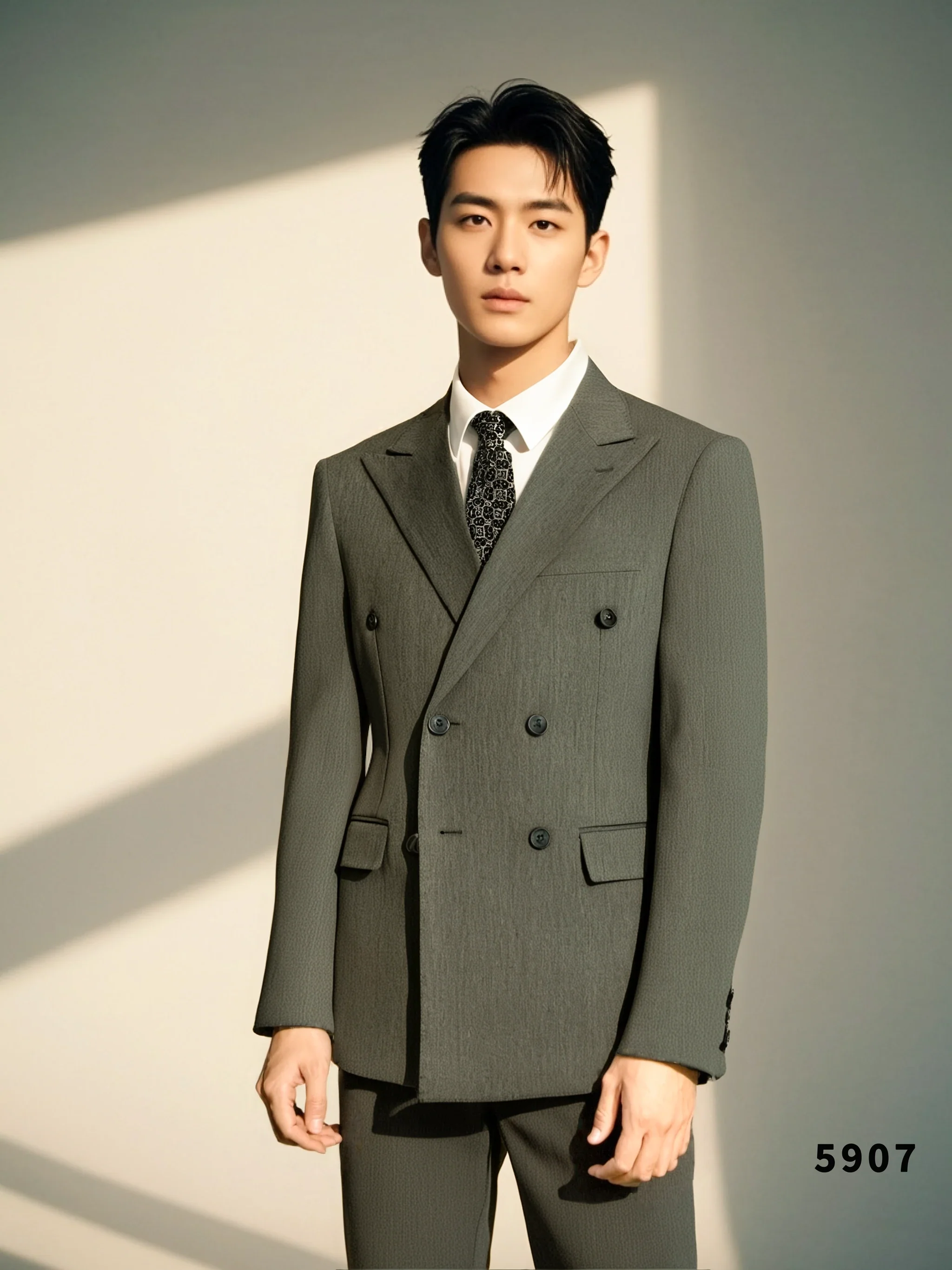 Charcoal Grey Wool Double Breasted 3 Piece Wedding Suit For Groom And Groomsmen - Image 4