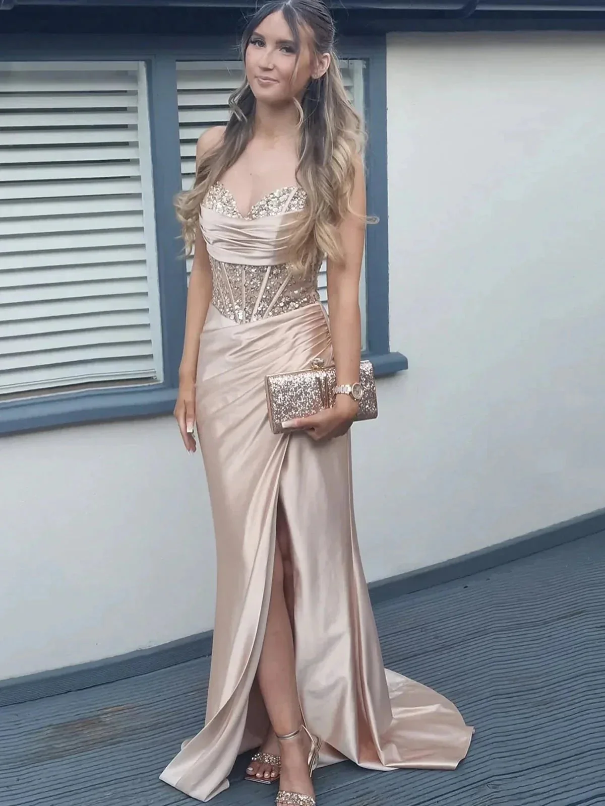 Mermaid Pink Off Shoulder Sheer Corset Rhinestone Long Prom Dress with Slit - Image 2