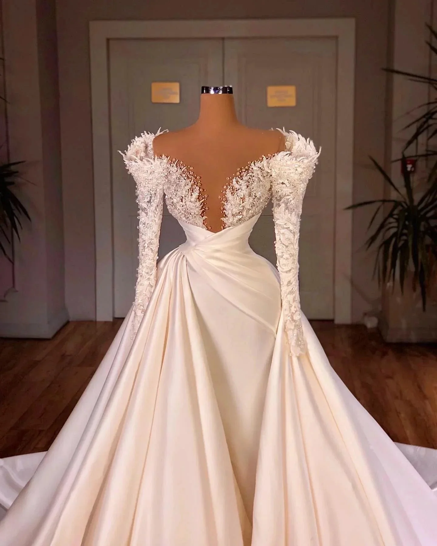 Charming A-Line Cathedral V-neck Long Wedding Dress With Long Sleeves - Image 2