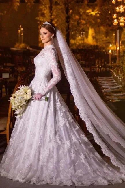 Charming A-Line Lace High Neck Long Sleeve White Wedding Dresses With Appliques - Image 2