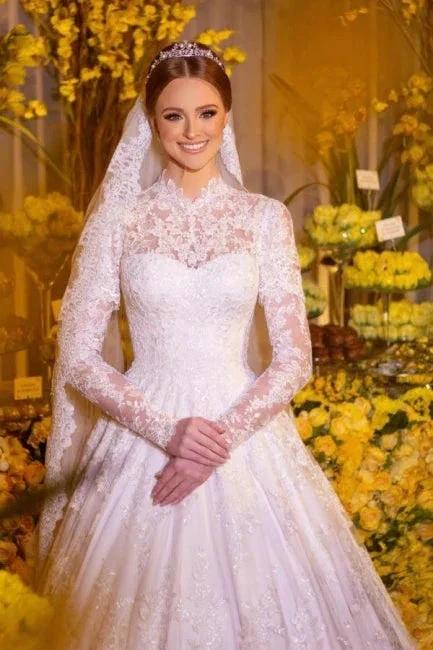 Charming A-Line Lace High Neck Long Sleeve White Wedding Dresses With Appliques - Image 3