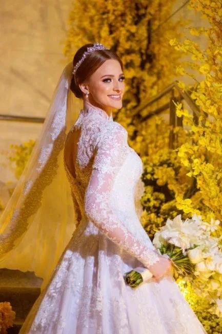 Charming A-Line Lace High Neck Long Sleeve White Wedding Dresses With Appliques - Image 4
