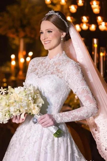 Charming A-Line Lace High Neck Long Sleeve White Wedding Dresses With Appliques - Image 5
