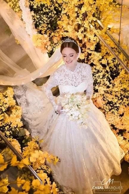 Charming A-Line Lace High Neck Long Sleeve White Wedding Dresses With Appliques - Image 6