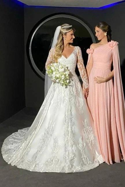 Charming A-Line Lace Sweetheart Long Sleeve White Wedding Dress With Appliques - Image 2