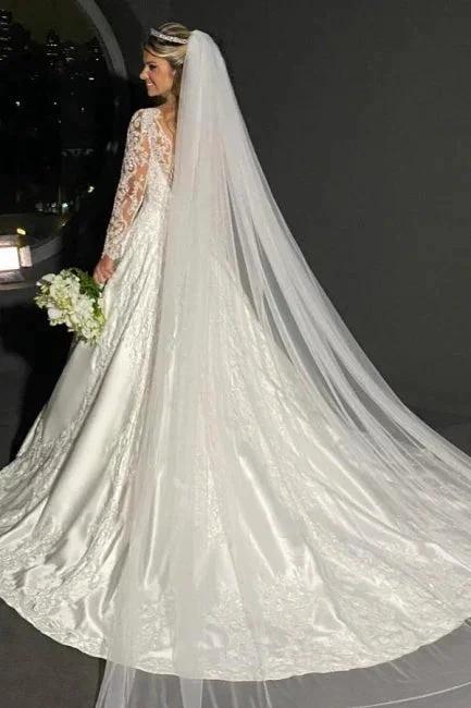 Charming A-Line Lace Sweetheart Long Sleeve White Wedding Dress With Appliques - Image 3