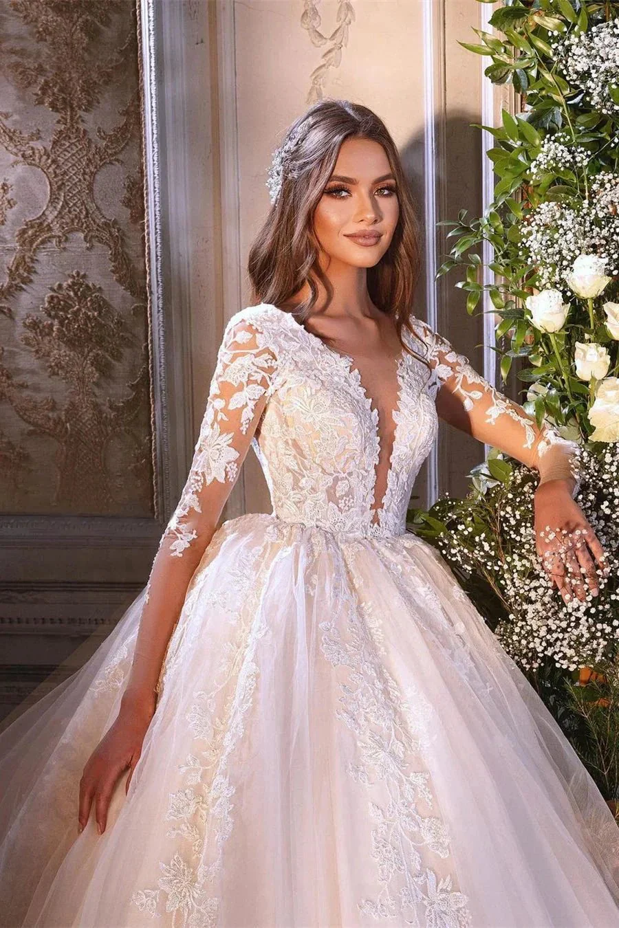 Charming A-line Long Sleeves V-neck Lace Wedding Dress With Train - Image 2