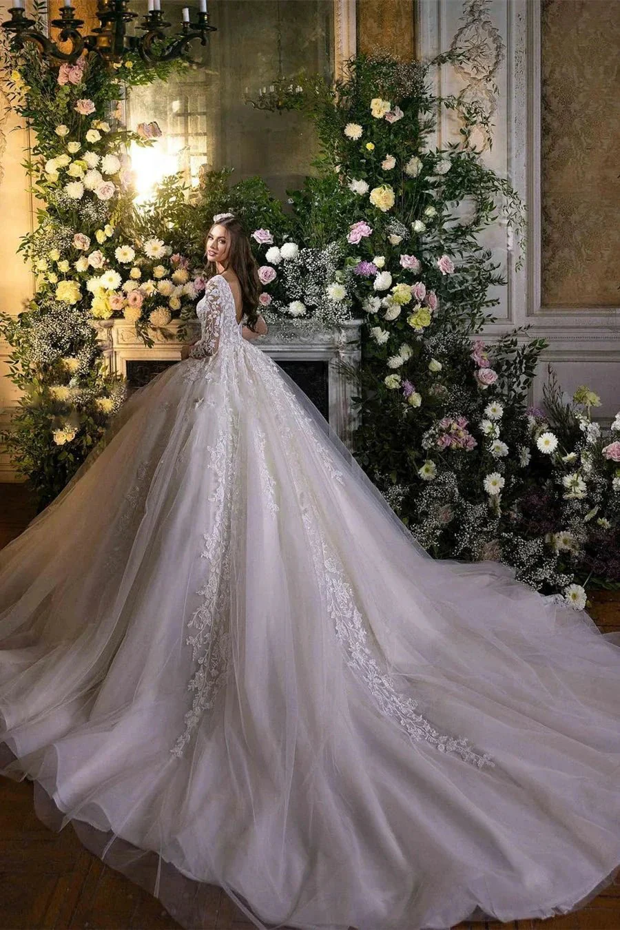 Charming A-line Long Sleeves V-neck Lace Wedding Dress With Train - Image 3