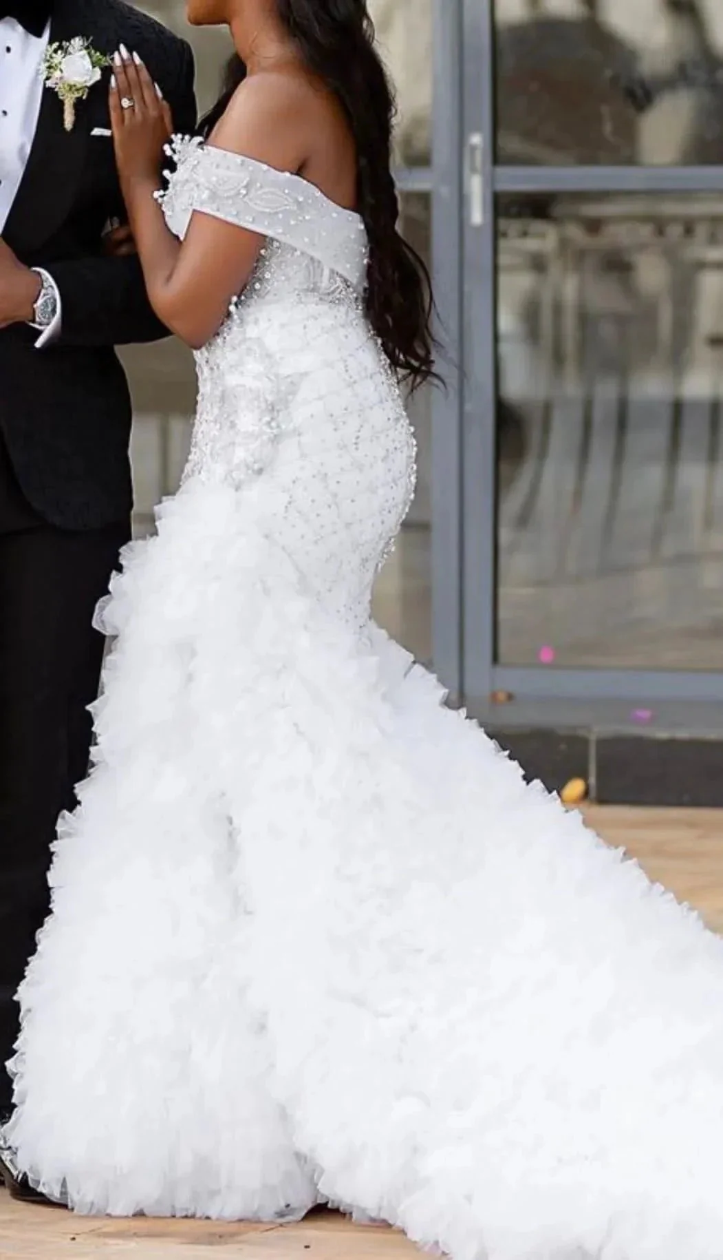 Charming A-line Off the Shoulder Wedding Dress with Chapel Train - Image 2