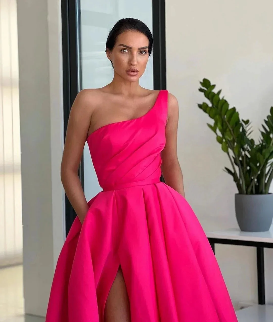 Ariella | Charming A Line One Shoulder Fuchsia Sequins Long Prom Dresses with Slit - Image 2