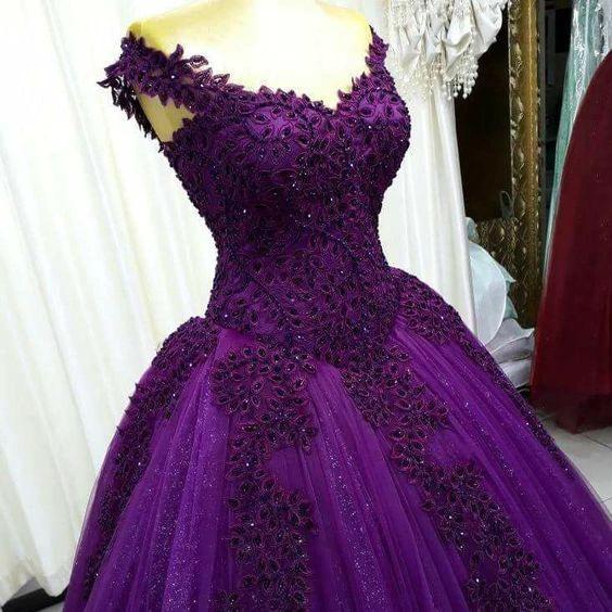 Charming A-line Purple Lace Tulle Prom Dress Sexy Evening Dress Y882 - Image 2