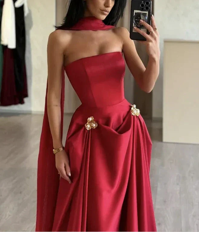 Charming A-Line Satin Burgundy Long Prom Dress Strapless Evening Dress Y8046 - Image 2