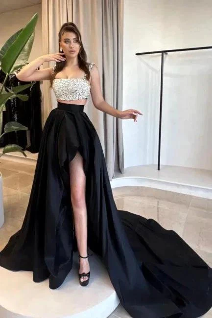 Charming A-Line Satin Square Sleeveless Black Prom Dresses With Split - Image 3
