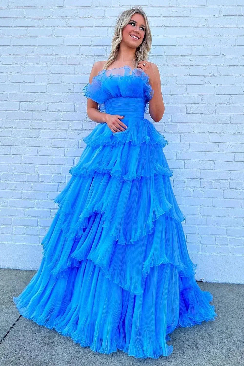 Charming A Line Strapless Blue Long Prom Dress with Ruffles PSK492 - Image 2