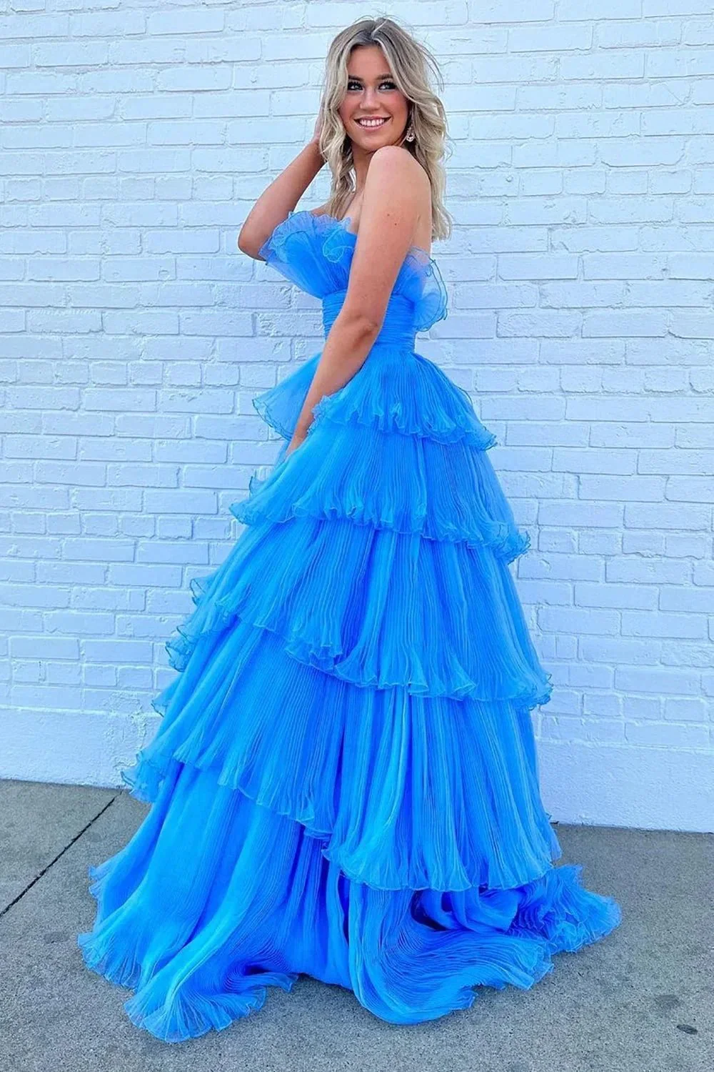 Charming A Line Strapless Blue Long Prom Dress with Ruffles PSK492 - Image 4