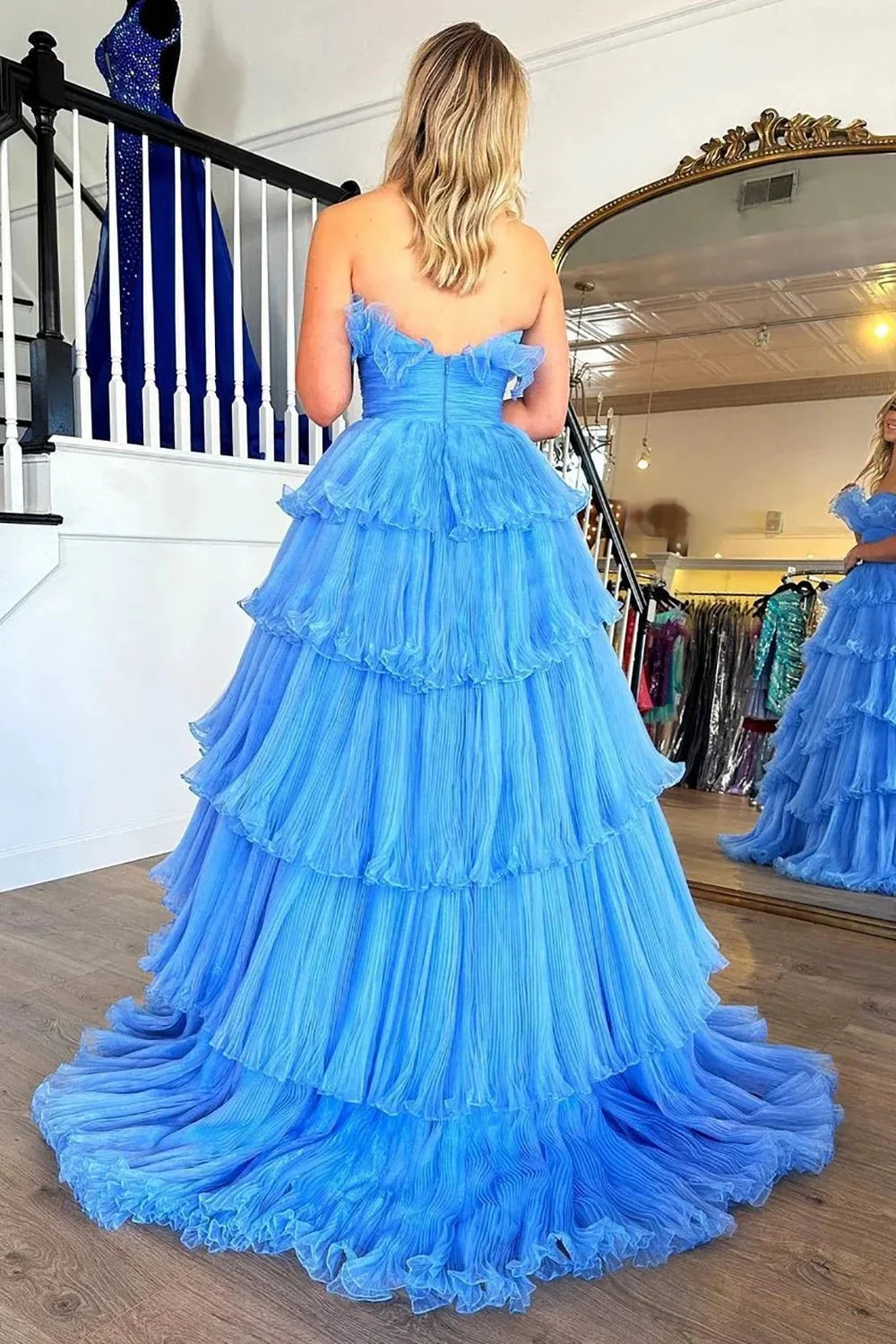 Charming A Line Strapless Blue Long Prom Dress with Ruffles PSK492 - Image 5