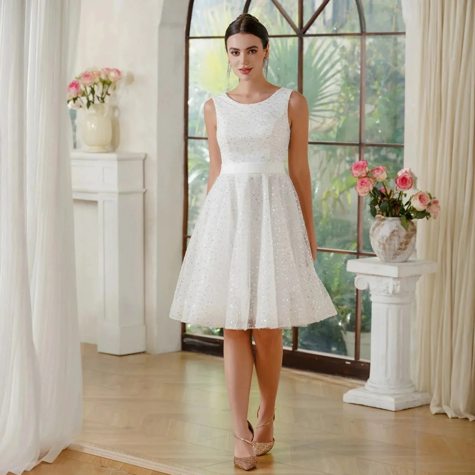 Charming A-Line Tulle Polyester Scoop Sleeveless Off White Prom Dresses With Sequined - Image 3