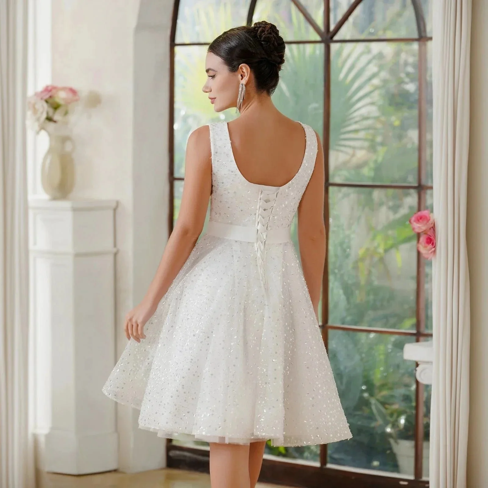 Charming A-Line Tulle Polyester Scoop Sleeveless Off White Prom Dresses With Sequined - Image 4