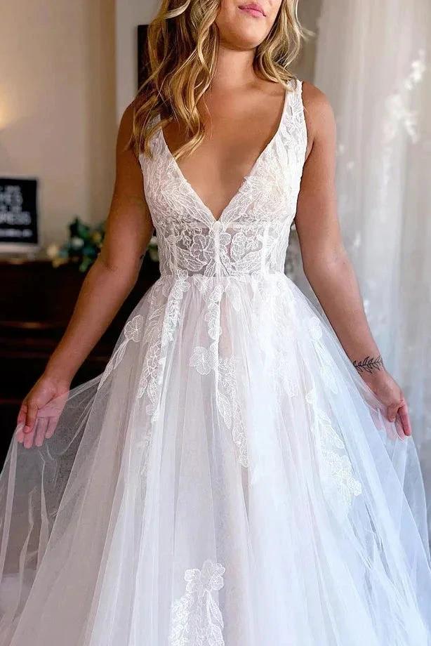 Charming A Line V Neck Tulle Beach Wedding Dresses with Appliques WD670 - Image 2