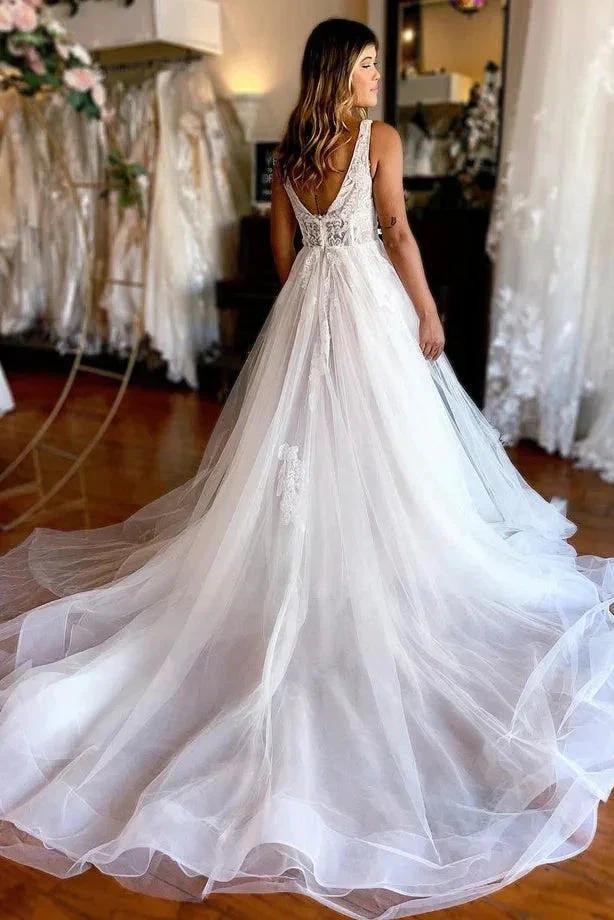 Charming A Line V Neck Tulle Beach Wedding Dresses with Appliques WD670 - Image 3