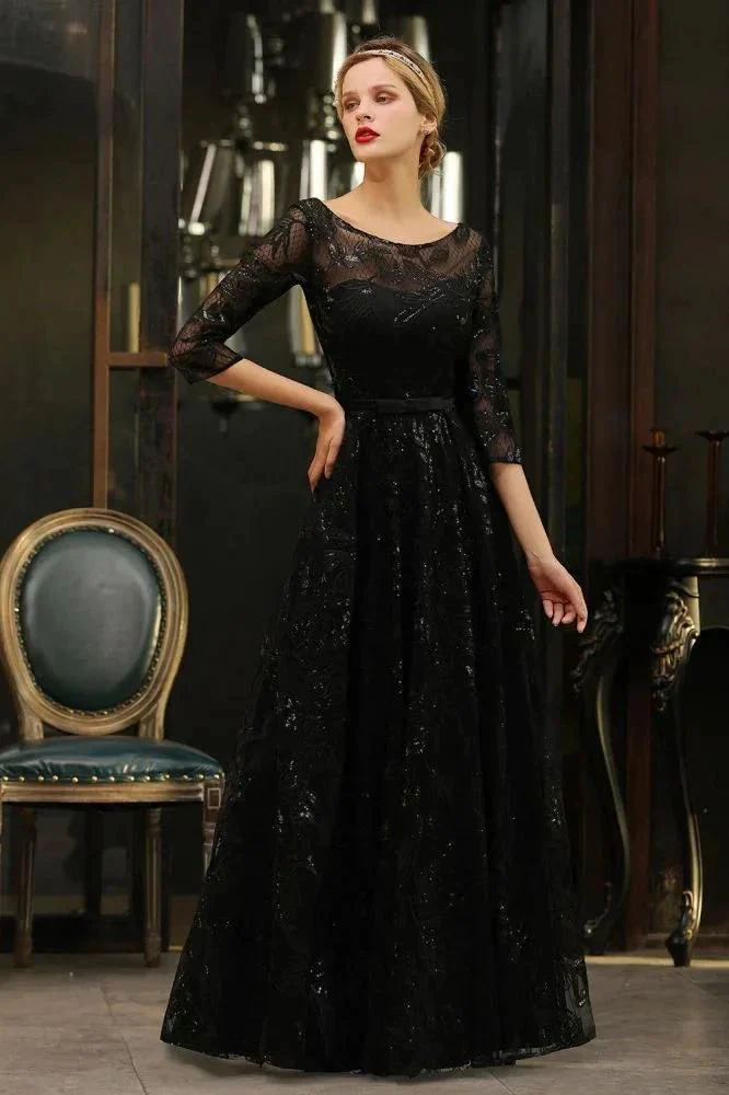 Charming Black Half Sleeves Tulle Sequins Evening Dress 20s Aline Prom Dress - Image 10