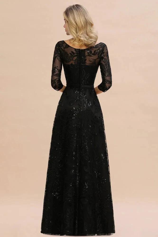 Charming Black Half Sleeves Tulle Sequins Evening Dress 20s Aline Prom Dress - Image 2