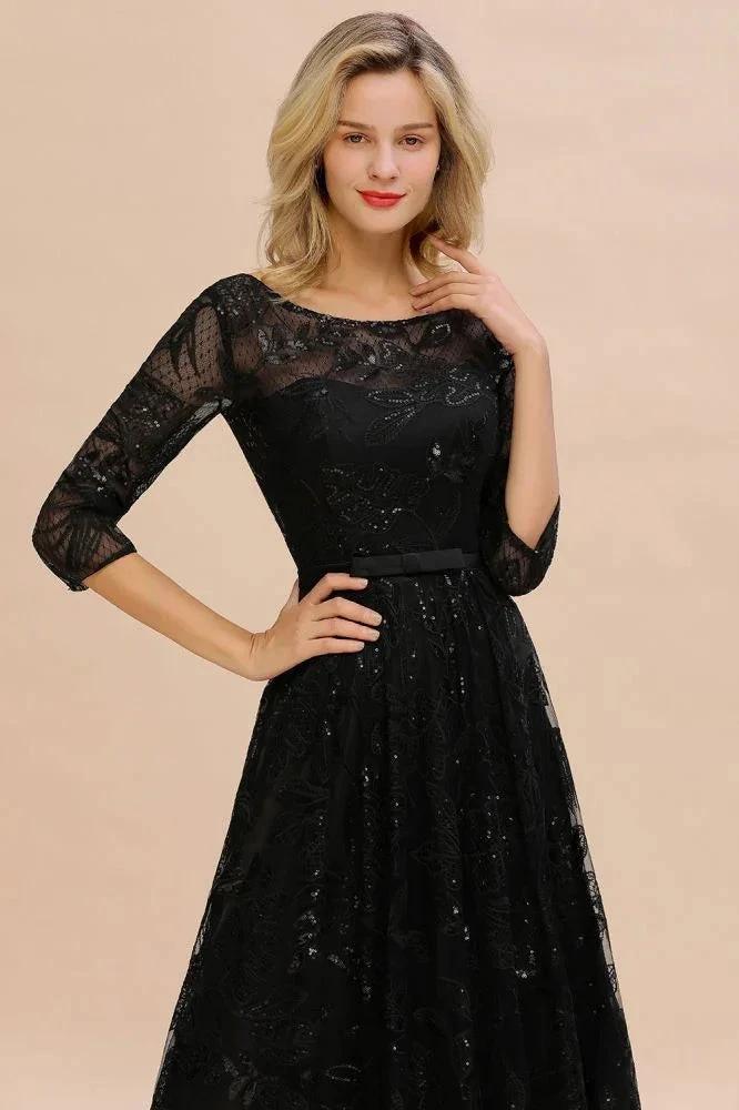 Charming Black Half Sleeves Tulle Sequins Evening Dress 20s Aline Prom Dress - Image 3