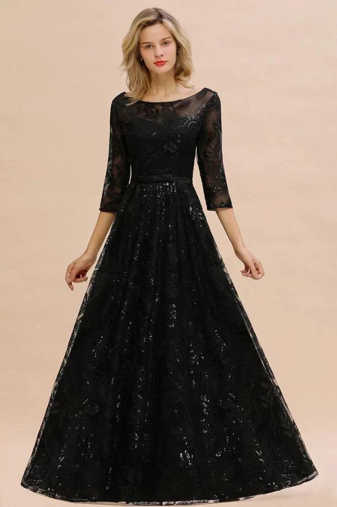 Charming Black Half Sleeves Tulle Sequins Evening Dress 20s Aline Prom Dress - Image 5