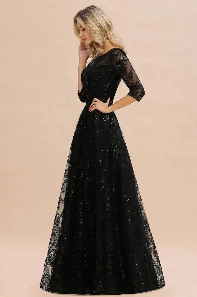 Charming Black Half Sleeves Tulle Sequins Evening Dress 20s Aline Prom Dress - Image 6