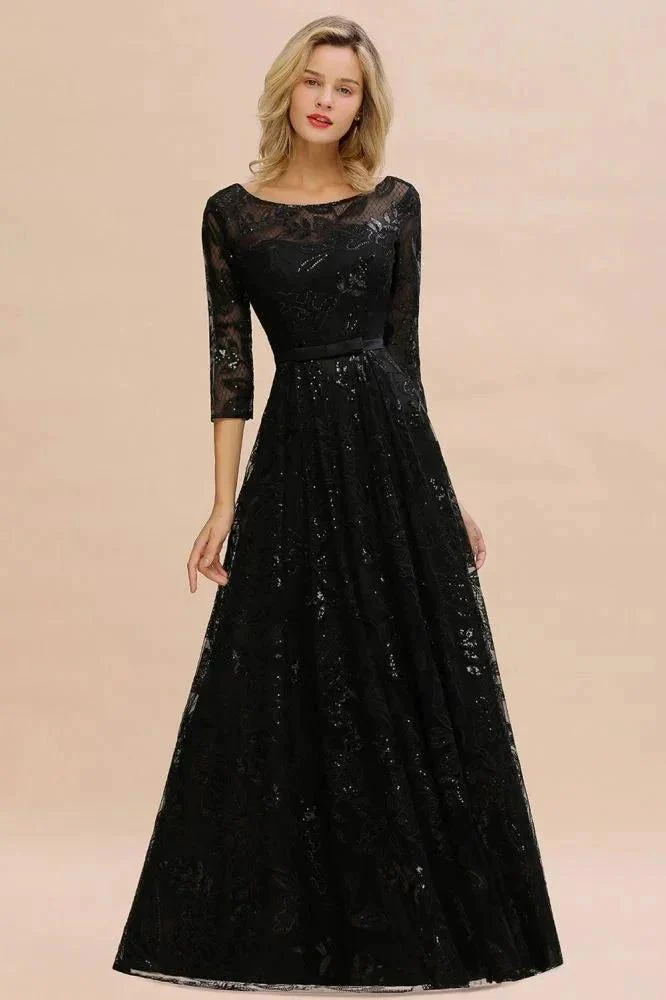 Charming Black Half Sleeves Tulle Sequins Evening Dress 20s Aline Prom Dress - Image 7