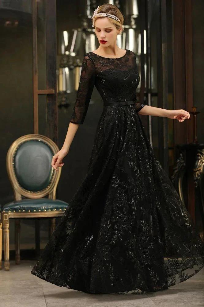 Charming Black Half Sleeves Tulle Sequins Evening Dress 20s Aline Prom Dress - Image 8