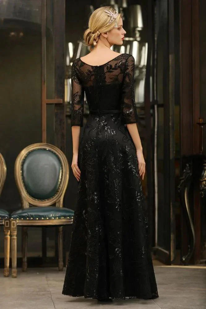 Charming Black Half Sleeves Tulle Sequins Evening Dress 20s Aline Prom Dress - Image 9