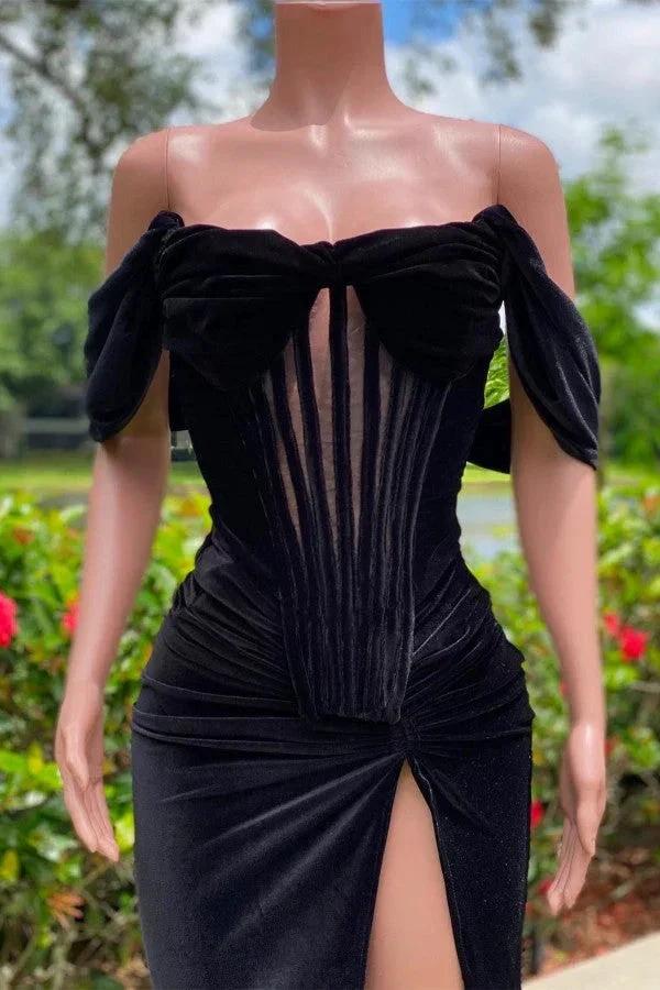 Charming Black Long Mermaid Off the Shoulder Velvet Prom Dress with Slit - Image 2