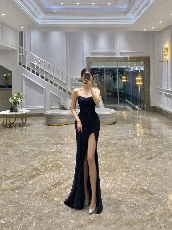 Charming Black Strapless Prom Dress High Side Slit Sheath/Column Black Evening Dress Y386 - Image 2
