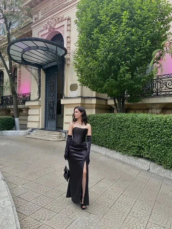 Charming Black Strapless Sheath Prom Dress With Split Black Evening Dress Y6385 - Image 2