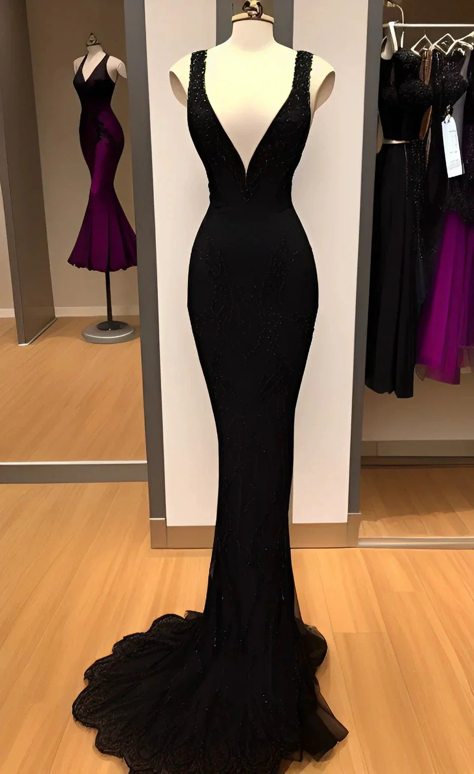 Charming Black Straps V Neck Sheath Prom Dress Black Evening Dress Y4389 - Image 2