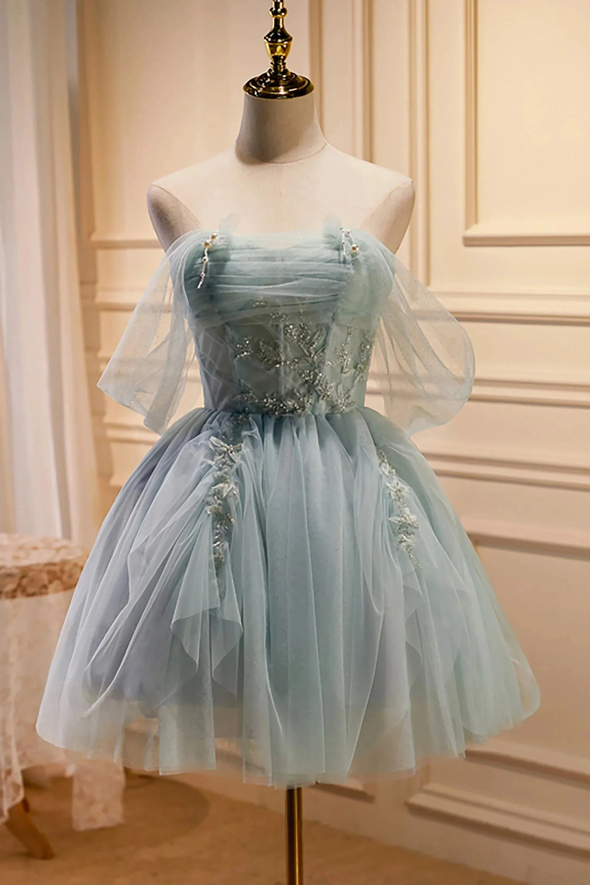 Charming Blue Off The Shoulder A Line Tulle Short Homecoming Dresses - Image 2