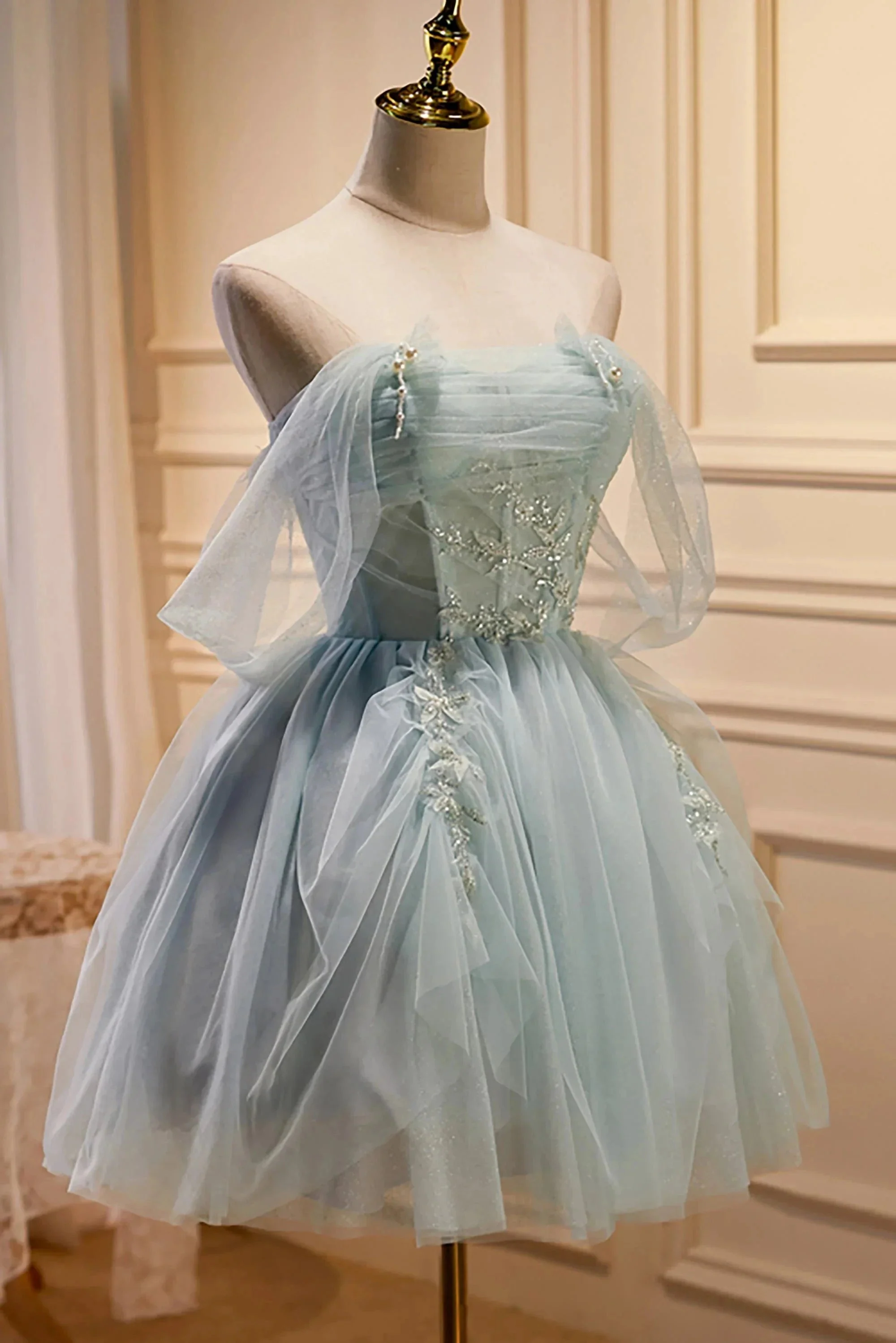 Charming Blue Off The Shoulder A Line Tulle Short Homecoming Dresses - Image 3