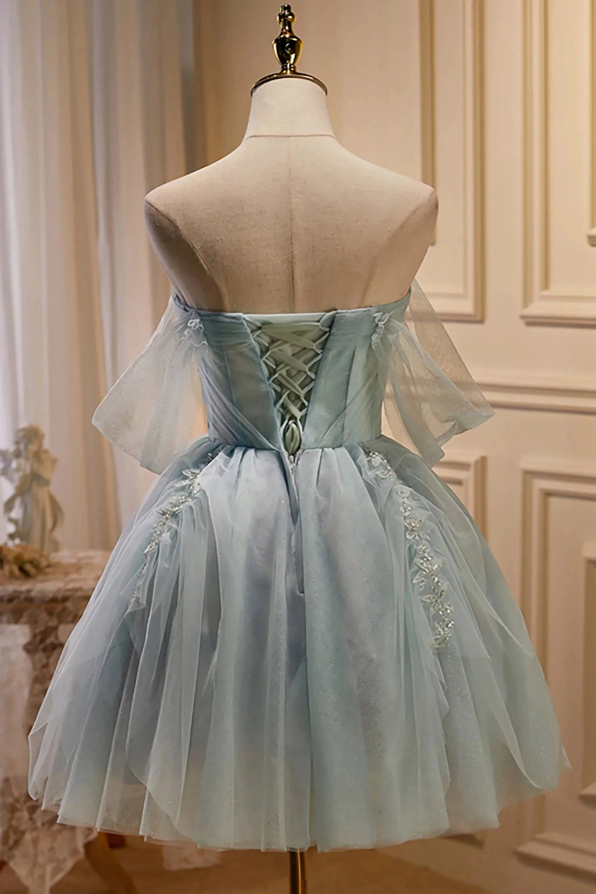 Charming Blue Off The Shoulder A Line Tulle Short Homecoming Dresses - Image 4