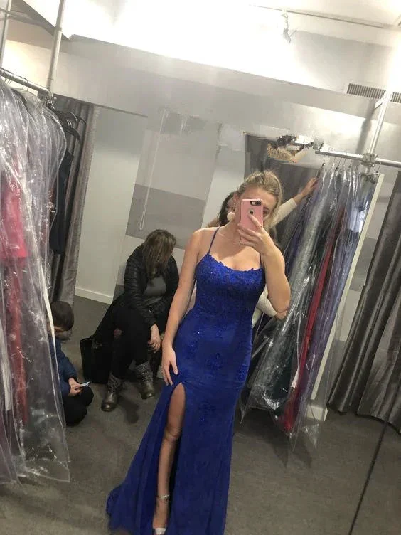 Charming Blue Sheath Lace Long Evening Dress with Slit Y6323 - Image 2