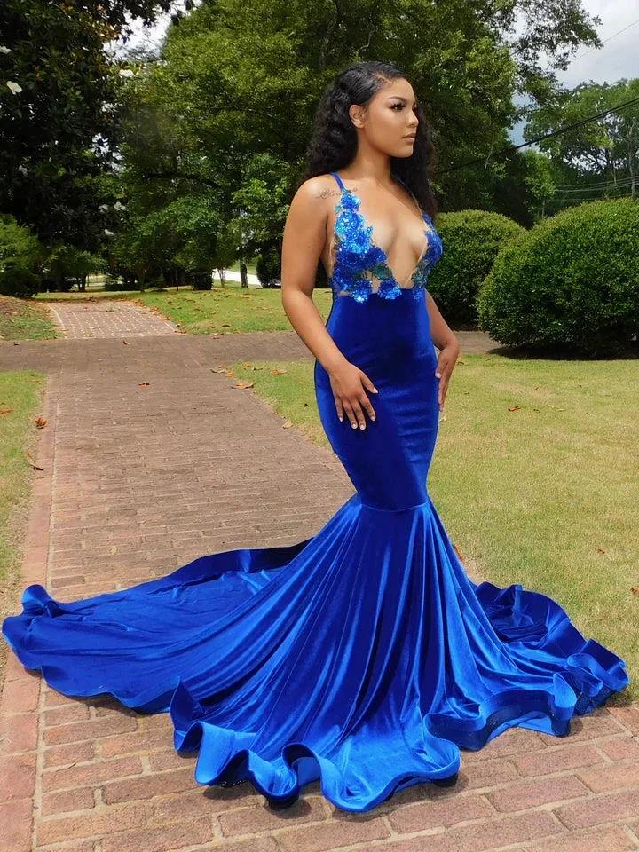 Charming Blue Spaghetti Straps V-neck Transparent lace Column Mermaid Prom Dresses - Image 2