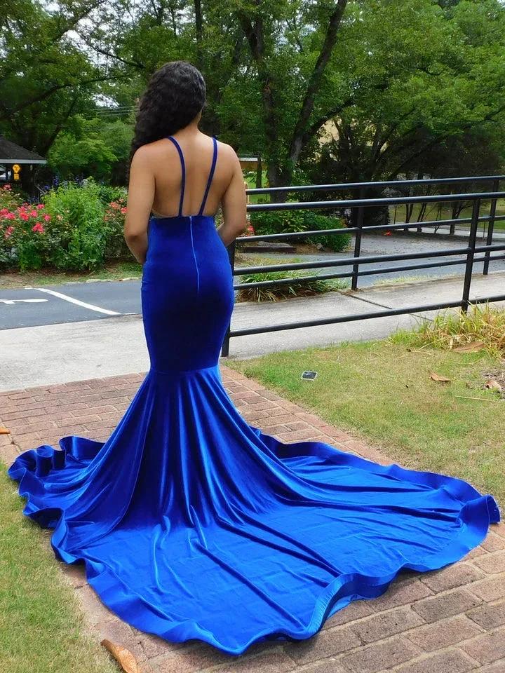 Charming Blue Spaghetti Straps V-neck Transparent lace Column Mermaid Prom Dresses - Image 3