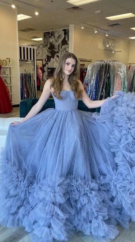 Charming Blue Strapless Tulle Evening Dress With Bottom Ruffles Generous Blue Evening Gown  Y812 - Image 2