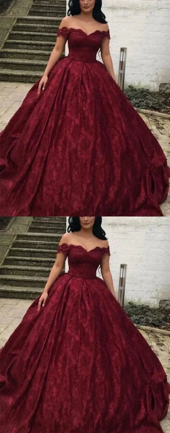 Charming Burgundy Lace Ball Gown Off Shoulder  Wedding Dresses Y1564 - Image 2