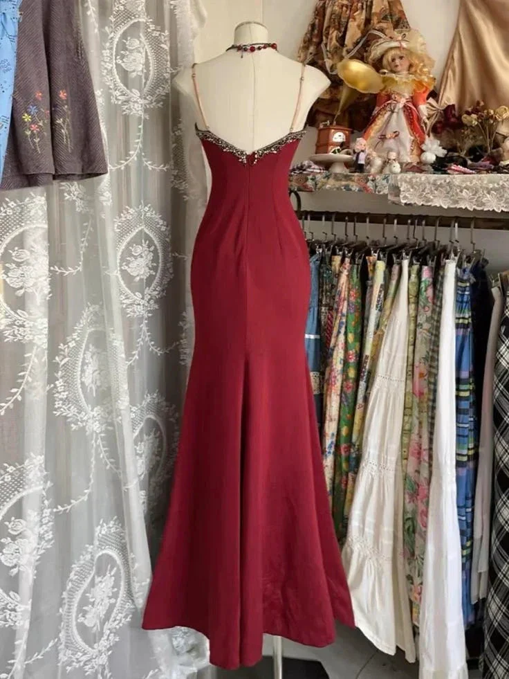 Charming Burgundy Lace Mermaid Evening Dress Straps Prom Dress Y7685 - Image 2
